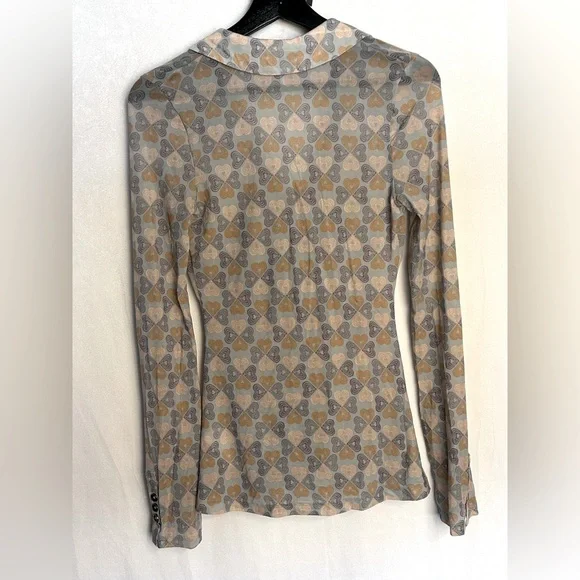 Free People Mesh Rouched Long Sleeve Button Down Blouse Top Heart Print XS - Picture 3 of 7